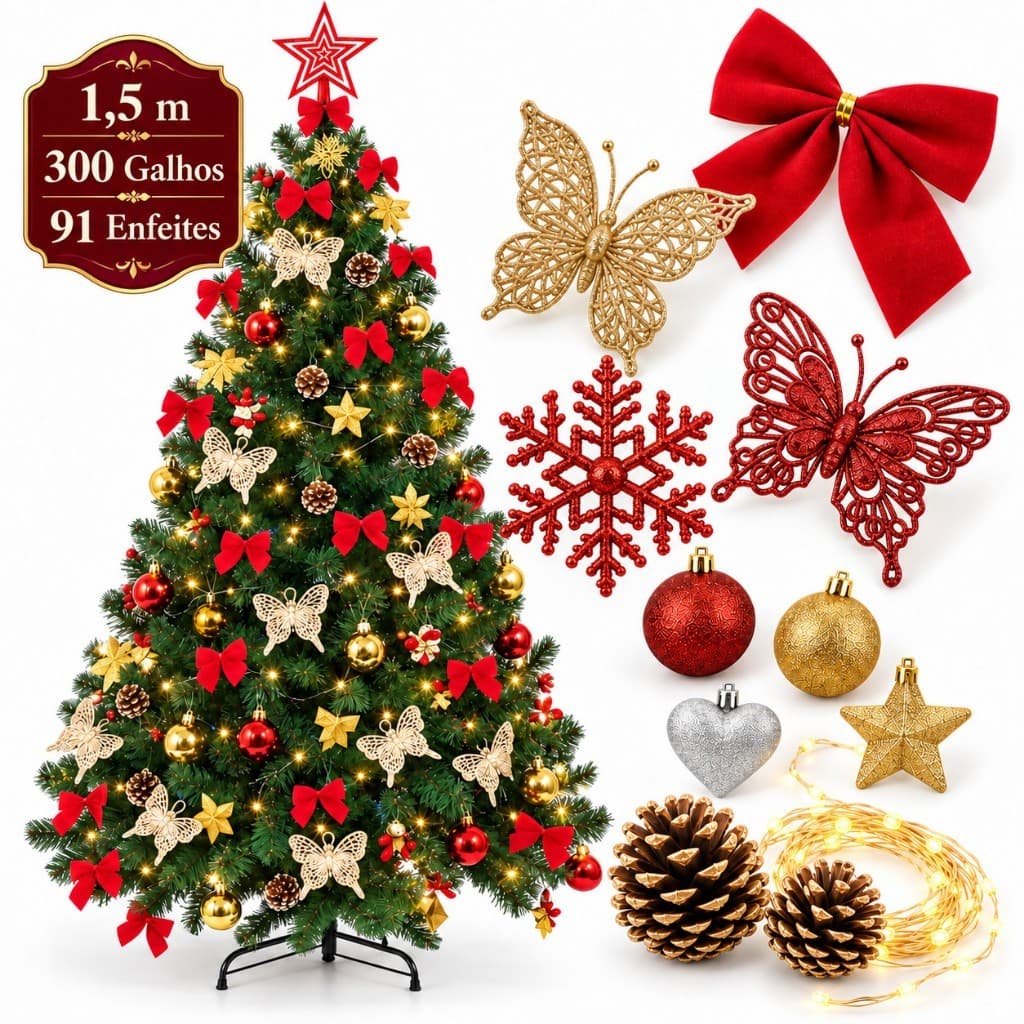 kit Árvore de Natal 1,5m Cheia Decorada 300 Galhos Verde Pé de Ferro 150cm Premium Pisca Led Laço Quente