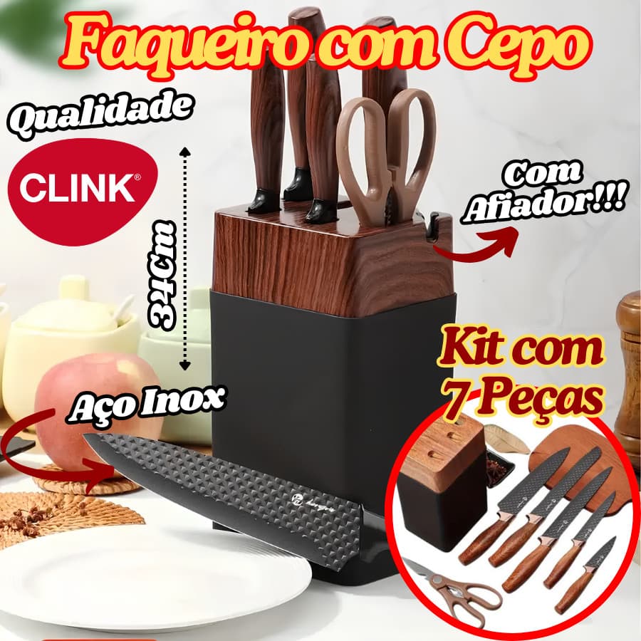 Faqueiro Com Cepo Clink 7 Peças Facas De Aço Inox E Tesoura Suporte Com Afiador Luxo De Cozinha