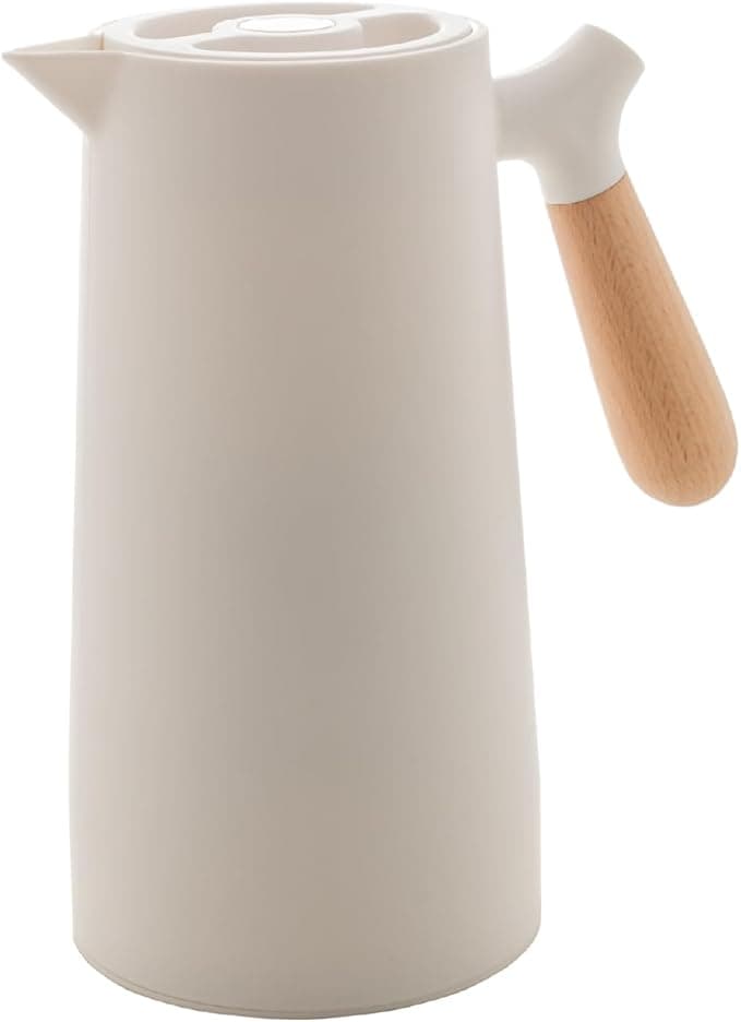 WOLFF - Garrafa Térmica de Plástico com Cabo de Madeira Nórdica 1L Branca - Mesa Posta - Itens Para Casa - Utensílios de Cozinha - Perfeita Para Café e Chá