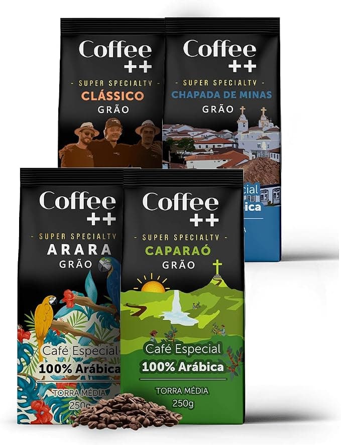 Kit 4 Pacotes Café Especial em Grãos Coffee Mais Variedades: Arara, Caparaó, Chapada de Minas e Clássico - 100% Arábica (4x250g)